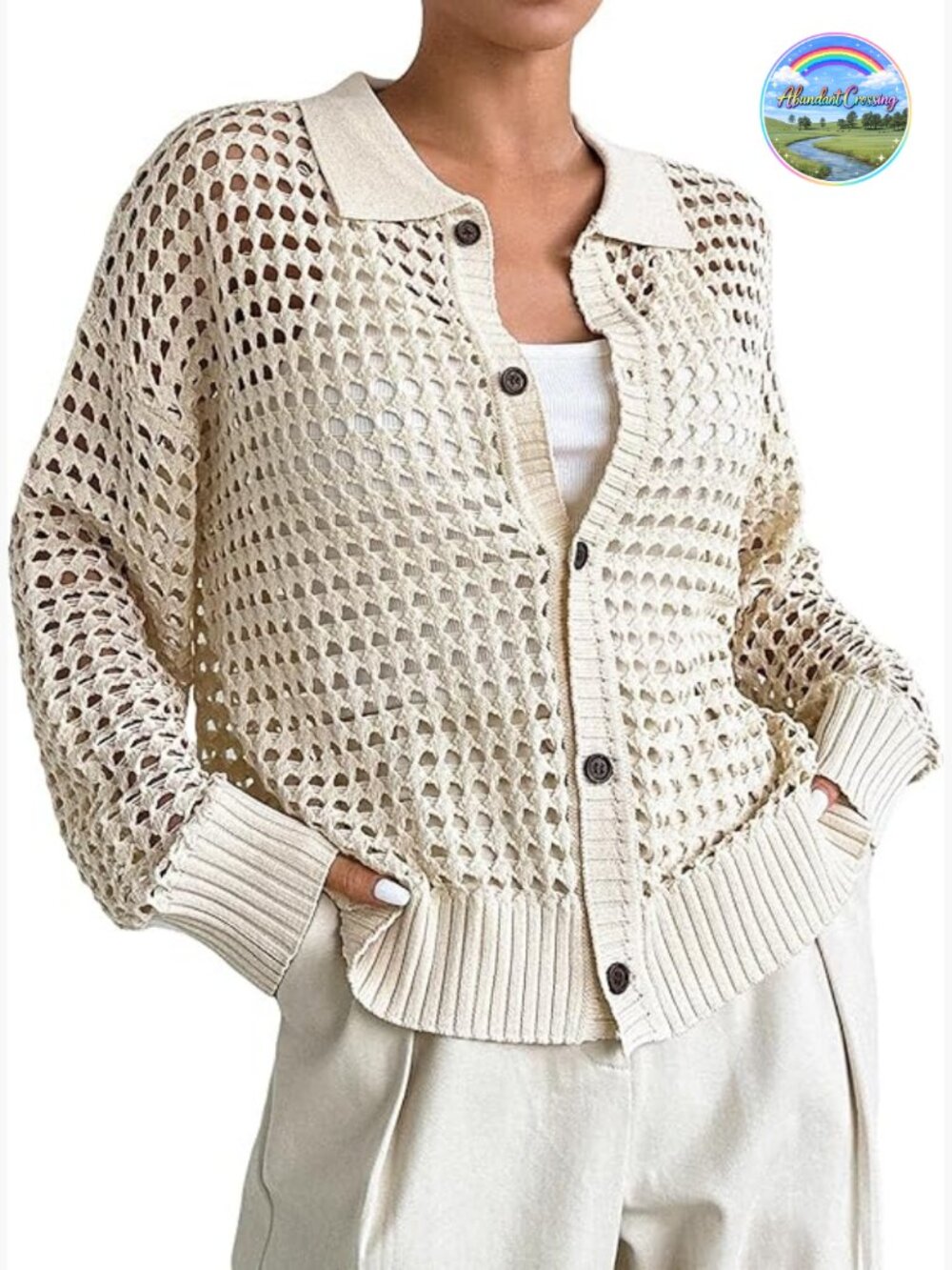 Crochet Cardigan Sweater Lightweight Hollow Out Loose Fit Button Front Long